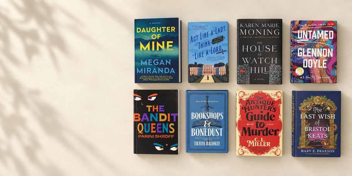 A curated display of books on a warm ivory background for The Waiting Well